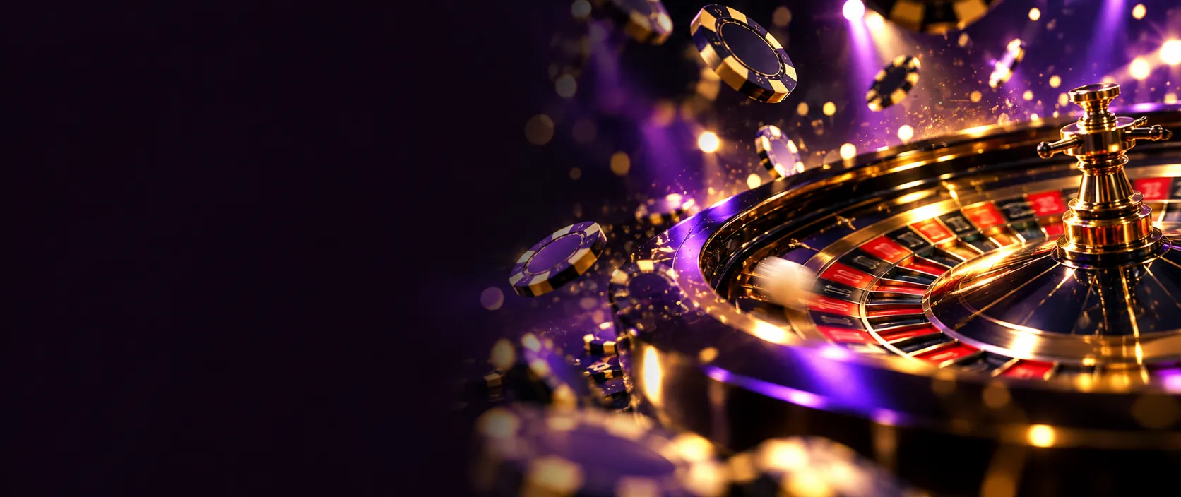 Ruleta de casino con fichas en el aire y luces violeta